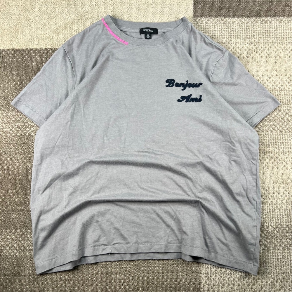 Wildfox Bonjour Ami Grey Graphic T-Shirt XL WF005285 Short Sleeve Cotton Blend - Picture 1 of 7